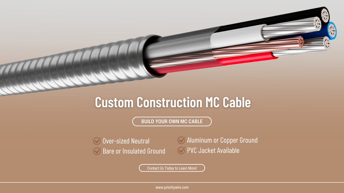 Priority_Wire's tweet photo. 📣Custom Construction MC Cable available at Priority Wire & Cable! 

Have a special request for a job? Let us assist you by meeting your customers' needs on a customized project. 🤝 Our teams can custom create any combination of aluminum or copper XHHW or THHN MC cable. 

📲✉️ Inquire with your Priority Wire & Cable representative about our expedited lead times! 

#PriorityWireandCable #MCCable #Expedited #Customized #BuildYourOwn #FeederMC #CircuitMC
