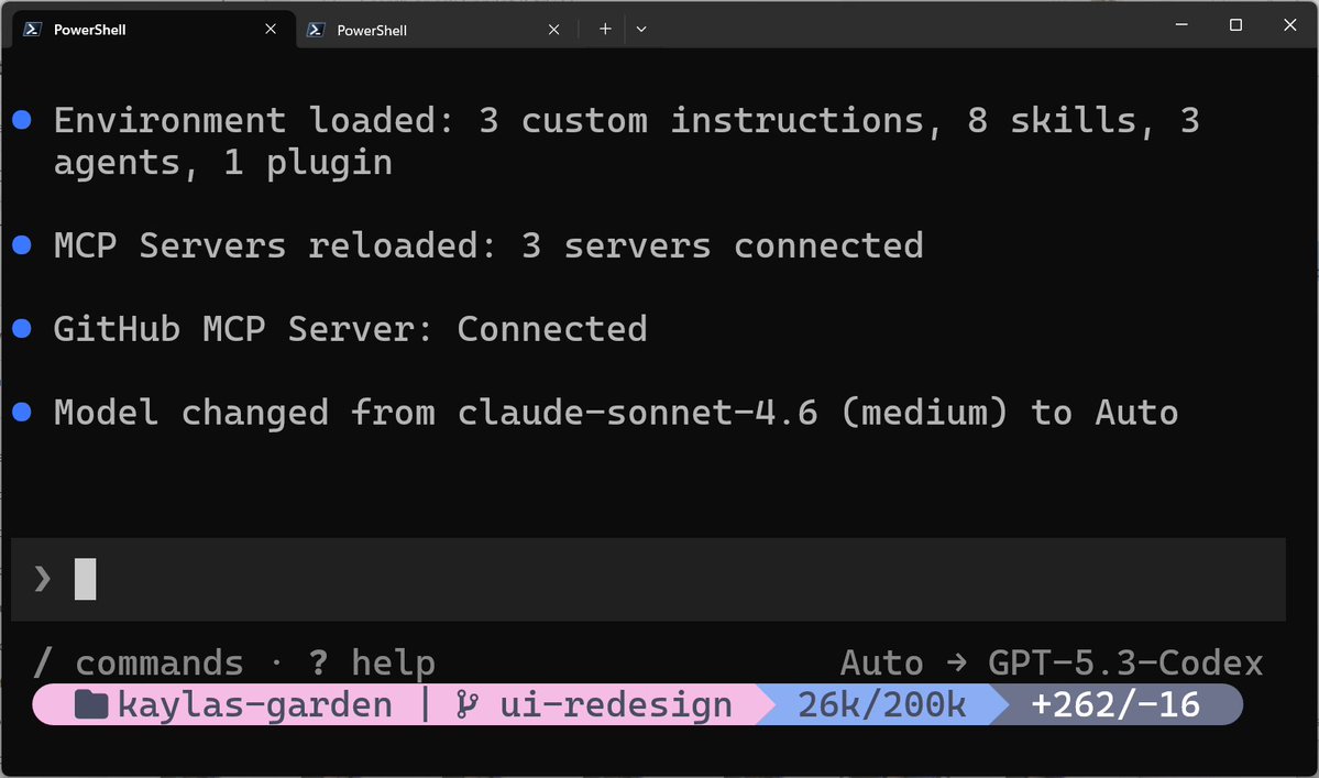 GitHub Copilot CLI terminal startup showing: Environment loaded with 3 custom instructions, 8 skills, 3 agents, 1 plugin; MCP Servers reloaded with 3 servers connected; GitHub MCP Server connected; Model changed from claude-sonnet-4.6 to Auto routing to GPT-5.3-Codex