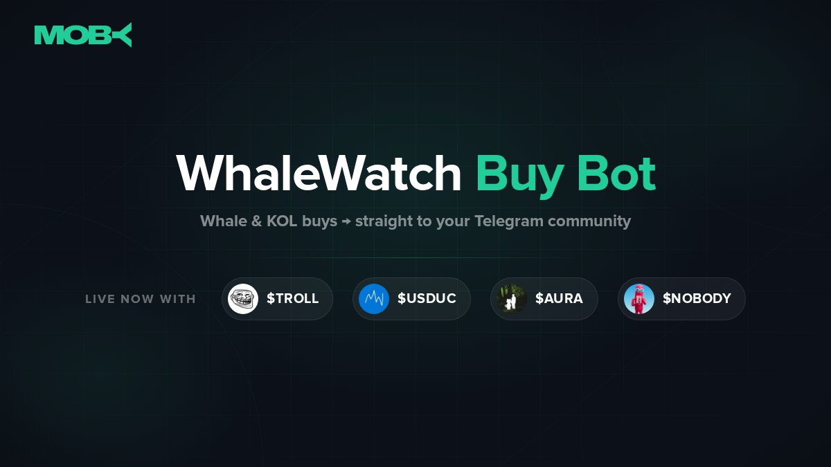 mobyagent's tweet photo. Introducing: WhaleWatch Buy Bot 🐋

Built for memecoin communities that want whale and KOL buys surfaced directly in their Telegram.

Turn every smart money buy into social proof for your holders. 🤝

Already being used by $TROLL, $USDUC, $AURA, $NOBODY communities. https://t.co/BP5JgiHk2k