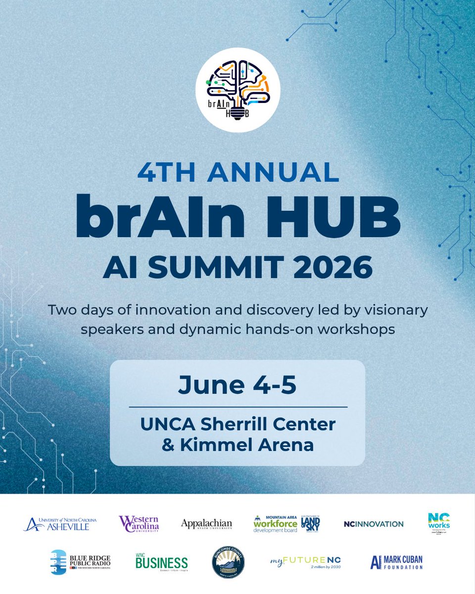 MtnAreaWorks's tweet photo. Join experts &amp; innovators in AI @UncAvl for dynamic event. 

Ticket includes:
✅ Breakfast &amp; lunch
✅ Cocktail reception &amp; networking events
✅ Hands-on workshops
✅ Parking
Secure your spot today at Home | brAIn Hub AI Summit https://t.co/tzMGjQvSTR https://t.co/8Nx1ngNUGa