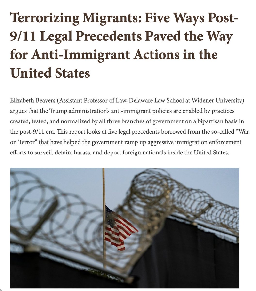 CostsOfWar's tweet photo. Five legal precedents borrowed from the so-called “War on Terror” have helped the government ramp up aggressive immigration enforcement efforts. Read the new research by Elizabeth Beavers. 

https://t.co/foOgmKjypL https://t.co/Vn3EbLCh2N