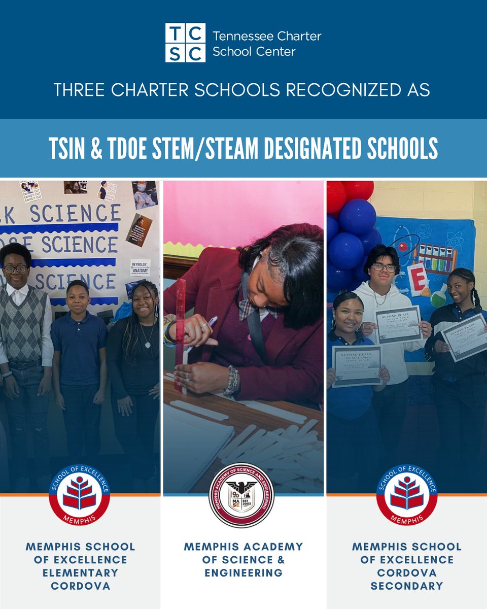 tncharters's tweet photo. 🔬@TNedu &amp; @theTSIN recognized 24 schools with STEM/STEAM designation, including #TNCharter schools @discovermase, @MSECordovaSec, &amp; @MSECordovaEl. MASE also earned its second STEM designation, preparing students for postsecondary success &amp; high-demand careers. @charteralliance https://t.co/QkhyeRqTDV