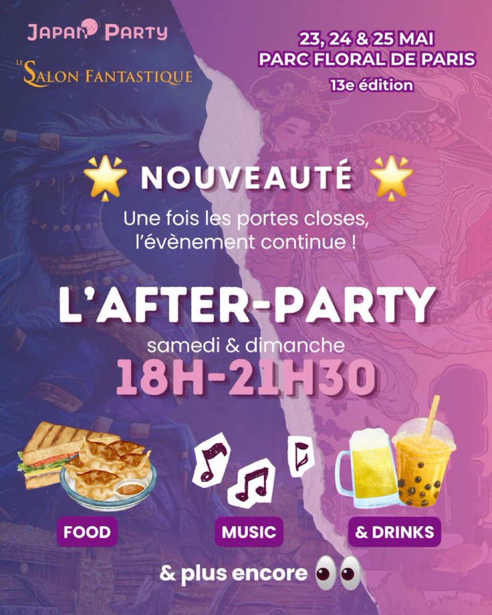 Japan_Party's tweet photo. Pour ceux du fond qui auraient loupé LA grande nouveauté de cette édition 👀

Samedi et dimanche de 18h à 21h30, c’est AFTER PARTY !! Prolongez les festivités avec des animations et de quoi vous restaurer 🌭🍣🍻

#JPSF2026 https://t.co/Bov3WvJnV3