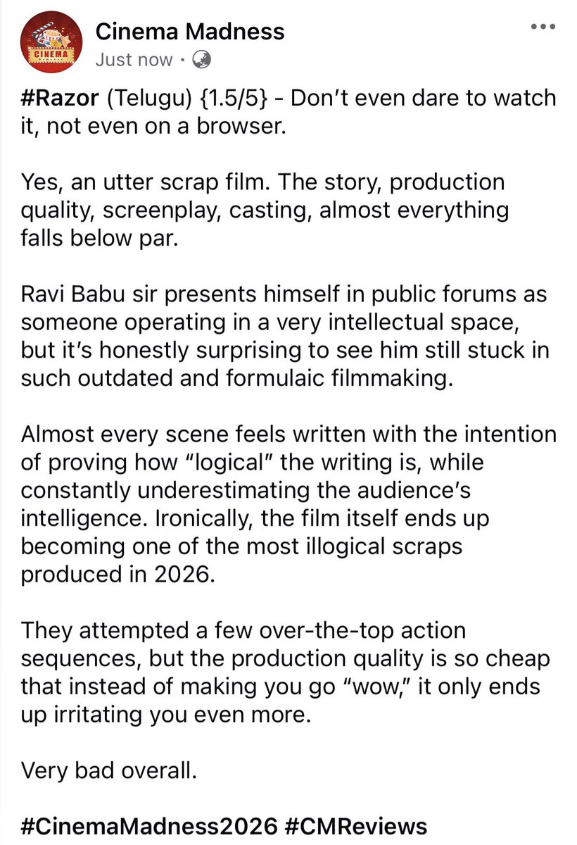 CinemaMadness24's tweet photo. #Razor (Telugu) {1.5/5} - Don’t even dare to watch it, not even on a browser.
#RazorReview #CMReviews https://t.co/WKxLk9oRkZ