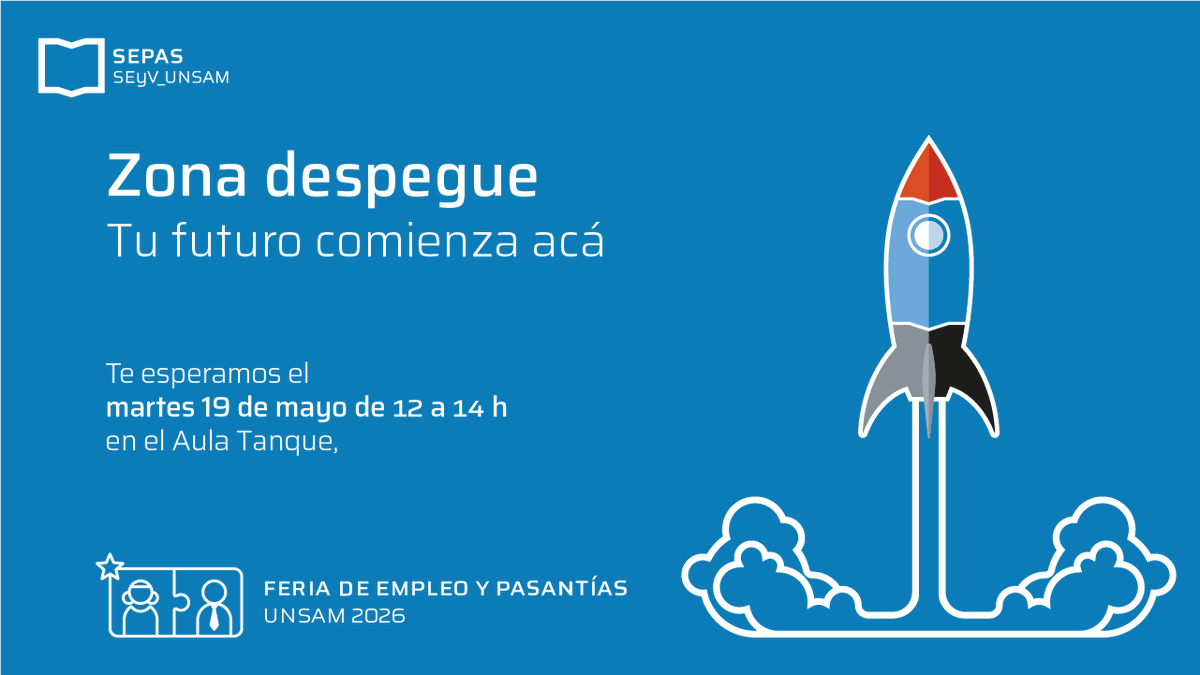 ExtensionUNSAM's tweet photo. 🚀 Zona Despegue: tu futuro comienza acá

Un espacio para potenciar tu búsqueda laboral con estaciones para:
📄 Armar tu CV
💼 Potenciar LinkedIn
🎤 Entrenar entrevistas

📅 19/5 | ⏰ 12 a 14h
📍 Aula Tanque - Campus Miguelete UNSAM

📩 sepas@unsam.edu.ar https://t.co/HbQe280bUc