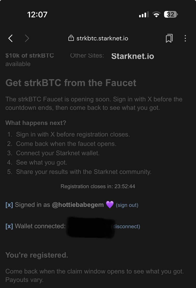 HottieBabeGem's tweet photo. Starknet ~  $10k of strkBTC @Starknet 

✨ What it is: A strkBTC faucet that distributes small amounts of shielded Bitcoin on Starknet while supplies last.

✨ Distribution Mechanics:
Selected users receive a random amount worth $0.25 – $100 in strkBTC. Most awards fall between $2.50 – $5, with a few higher payouts. The average expected payout per selected user is about $4.20, but individual amounts vary.

✅ Go to https://t.co/eZ7Nca6RaG
• Sign in with X
• Connect your Starknet Wallet ( I used Xverse Wallet )
• Complete the Registration

🗓 Registration closes in: 23 Hours

Disclaimer: This is not a paid promotion.