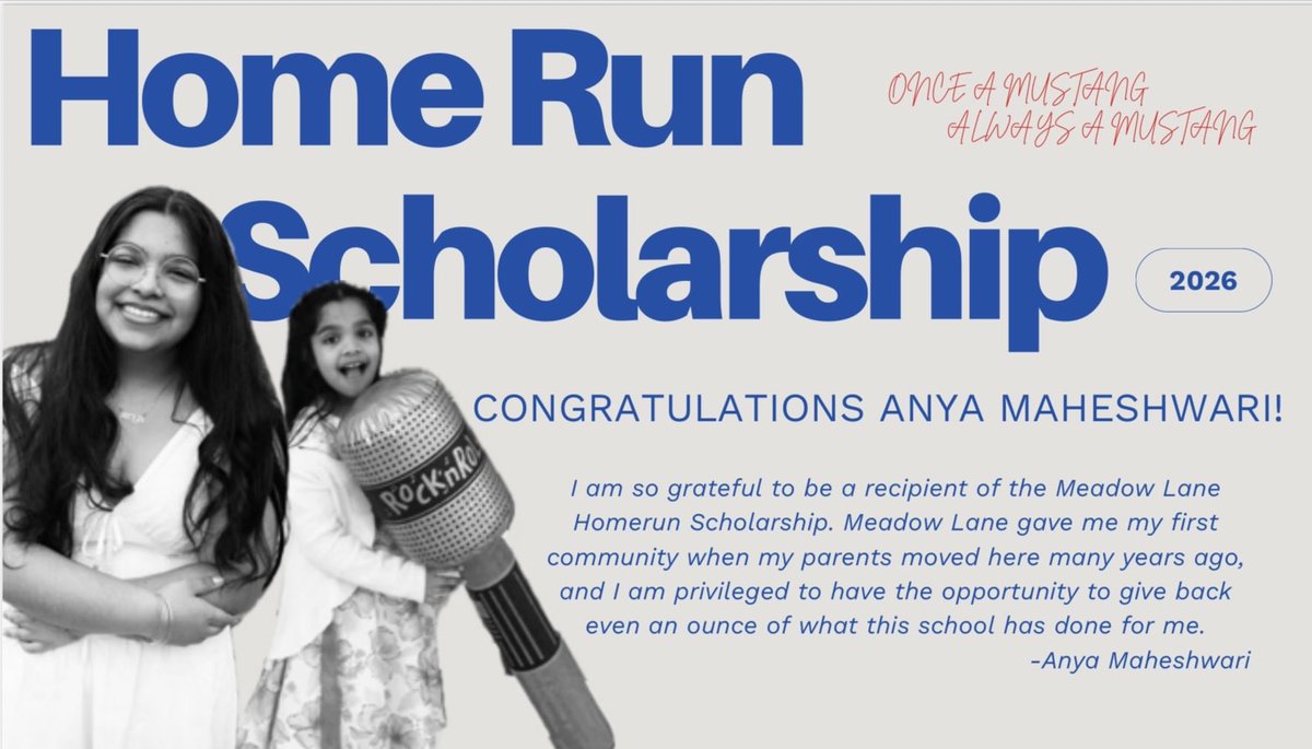 Mustangs_ML's tweet photo. Congratulations to Anya Maheshwari, our 2026 Mustang Home Run Scholarship recipient! A big thank you to all who applied. We are so happy for all of you! Best of luck, Anya ❤️ https://t.co/O0sN7srnfE