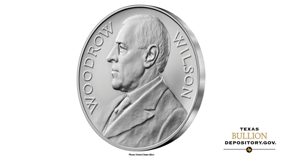 TexasBullionDep's tweet photo. The @usmint 's Woodrow Wilson presidential silver medal honors the 28th President of the United States who served from 1913 to 1921. It is one troy ounce of 99.9% fine silver with the obverse depicting a bust of Woodrow Wilson. https://t.co/0ZmyjNmlL9