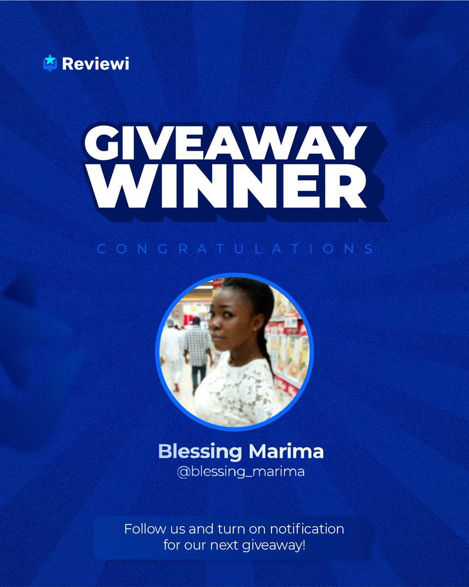 Reviewi_app's tweet photo. Congratulations to our winner!🎉 @blessing_marima!

Please send us a DM to get your cash prize! 

Thank you to everyone who joined our giveaway and shared their answers.

More fun giveaways coming soon🎉

#reviewi #business #giveaway #reviews #explore https://t.co/iOdGFPL0wG