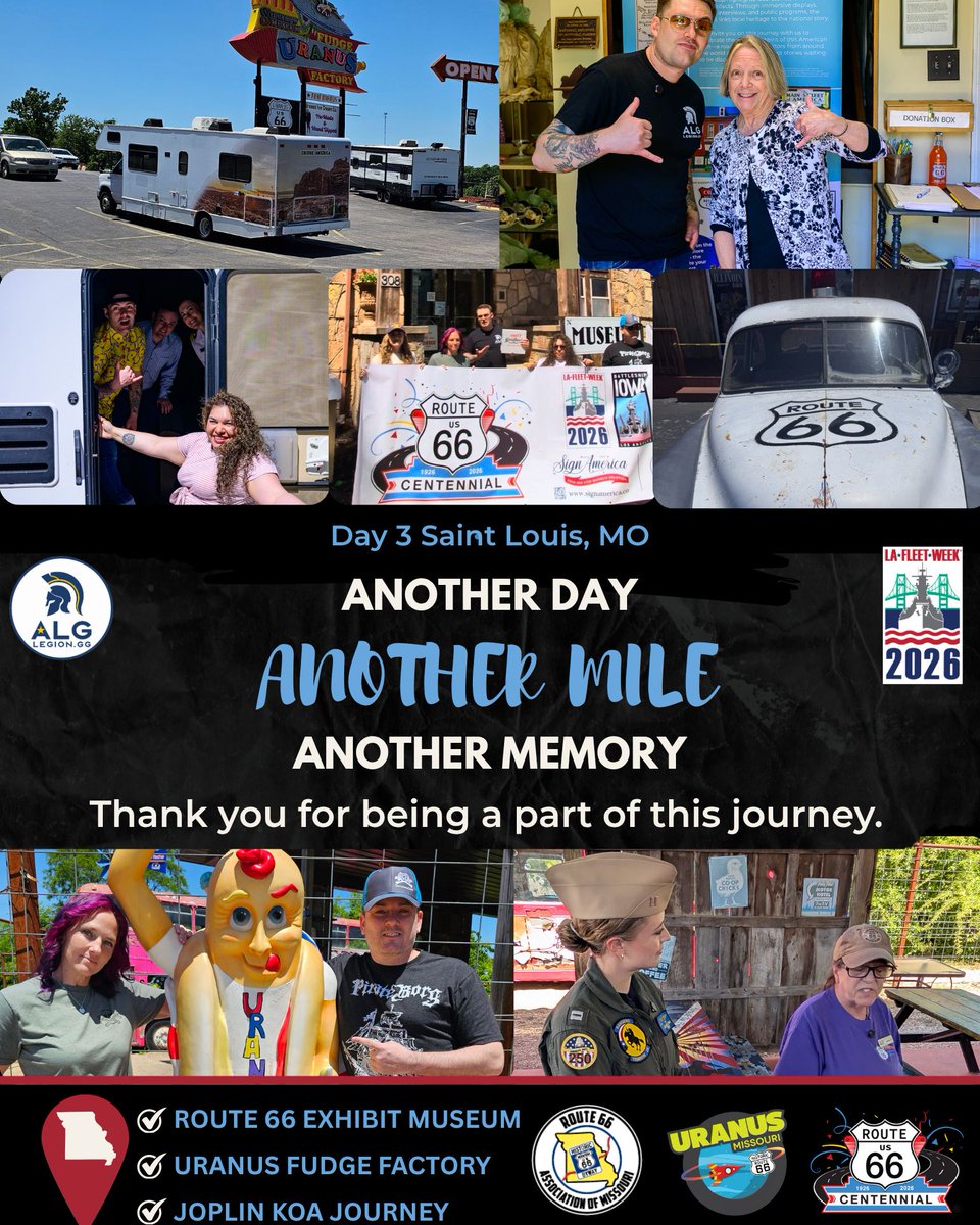 amlegiongaming's tweet photo. WOW! Thank you Saint Louis for the warm welcome! We had such an amazing time at the Uranus fudge factory! Make sure you donโt miss a single stop on this roadtrip all the way to LA Fleet Week! #route66centennial #lafleetweek #americanlegiongaming #historicroute66 #cruiseamericarv https://t.co/iA7PkWT9cx