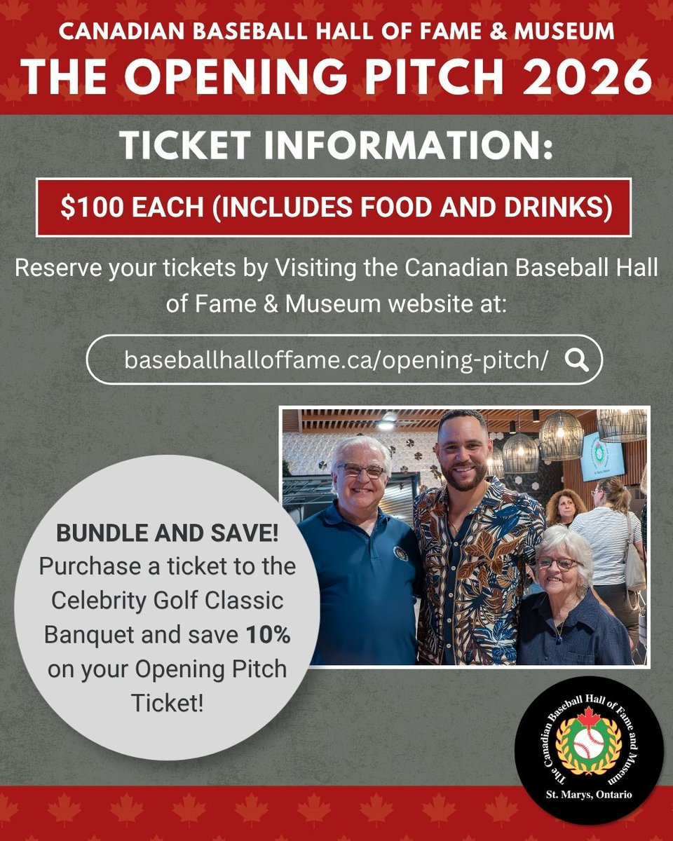 CDNBaseballHOF's tweet photo. Tickets are on sale now for the Opening Pitch, the official Induction Weekend launch party! Visit our website at https://t.co/eVr8PA4nZP to get your tickets today! @tourism_london @TobogganBrewery  #theopeningpitch2026 https://t.co/52YswjTXm5