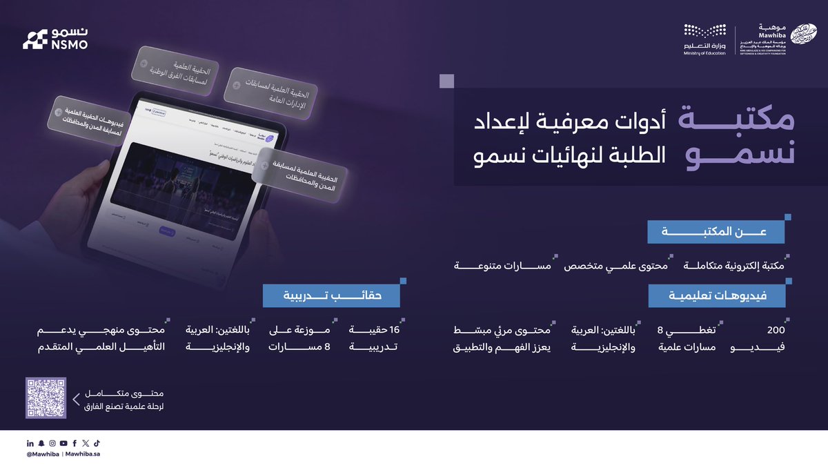 mawhiba's tweet photo. ندعو الطلبة المشاركين في نهائيات أولمبياد العلوم والرياضيات الوطني #نسمو للاستفادة من المحتوى العلمي المتخصص الذي توفره #مكتبة_نسمو لدعمهم في مرحلة الإعداد للنهائيات. 

https://t.co/K208F72hxD

#موهبة https://t.co/QkcqcgOKDI