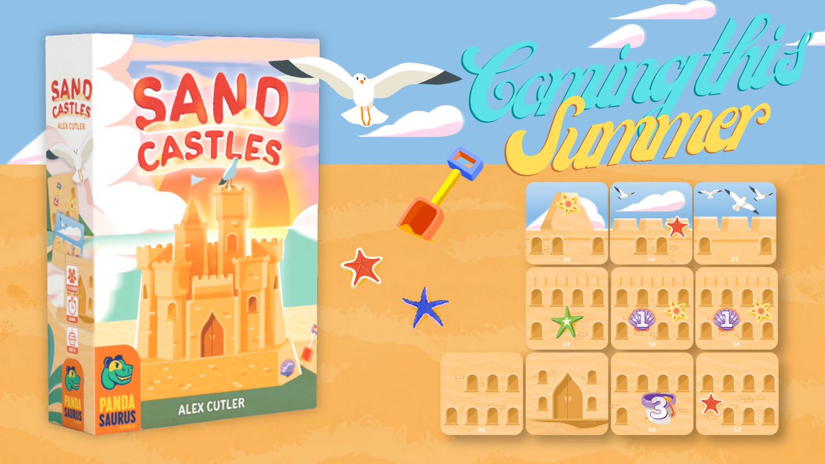 Pandasaurusgame's tweet photo. This summer's hottest game is coming soon! Introducing Sandcastles: a new drafting and tile-laying game for 2–6 players, arriving August 12. 🏖️

Learn more and preorder on our website: https://t.co/N4jWsoBrMV https://t.co/HxWrKML60q
