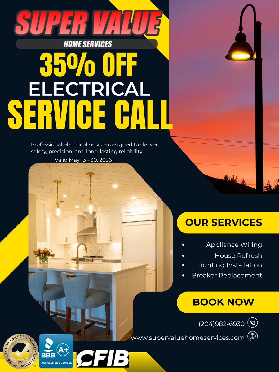 SuperValueHS's tweet photo. Electrical Service Calls Now On Sale ⚡ 

#shoplocalmb #electricalwork #homerefresh #breakerupgrades #safehome #shoplocalcanada #supervaluehomeservices #sale #flashsale #savings https://t.co/ly4SOyql8O