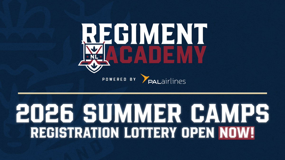 nlregiment's tweet photo. Regiment Academy powered by PAL Airlines is delighted to unveil its 2026 summer camp details 🏕️

All sessions will take place at Capital Subaru Arena featuring appearances by Regiment players, staff and QMJHL alumni across nine Saturday skates for U9, U11 & U13 age groups running from June 13 to August 15!

Enter the lottery and express your interest NOW 👇

https://t.co/jGnAtKBg3F

Unite. Inspire. Defend.