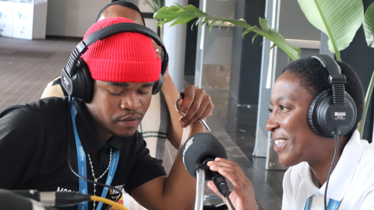 RadioTurf's tweet photo. Radio Turf 103.8FM is broadcasting live from the Inkosi Albert Luthuli International Convention Centre in Durban for Africa’s Travel Indaba 2026. 
Presenters Neo Ramashapa and Brian Moganedi are speaking with exhibitors, government officials, and industry leaders about the event. https://t.co/jIWP2z11jT