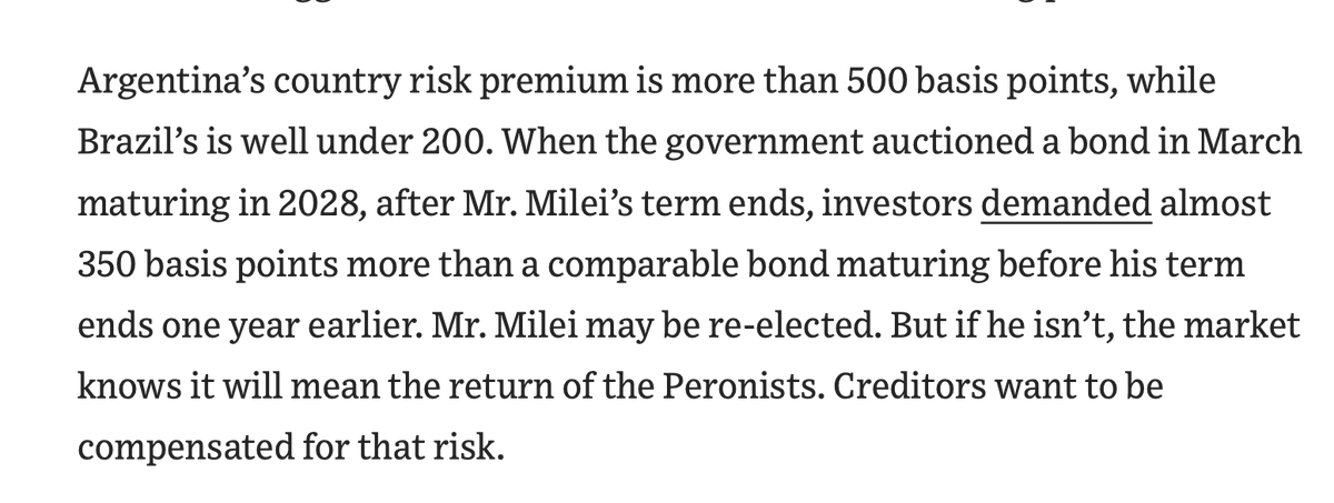 Argentina can borrow in dollars until October 2027 at about 5.02% annual yield.

To borrow just one year longer, until October 2028, investors demanded 8.5%.

Why the difference? 

Argentina has a presidential election in 2027. .

In plain English: investors are much more