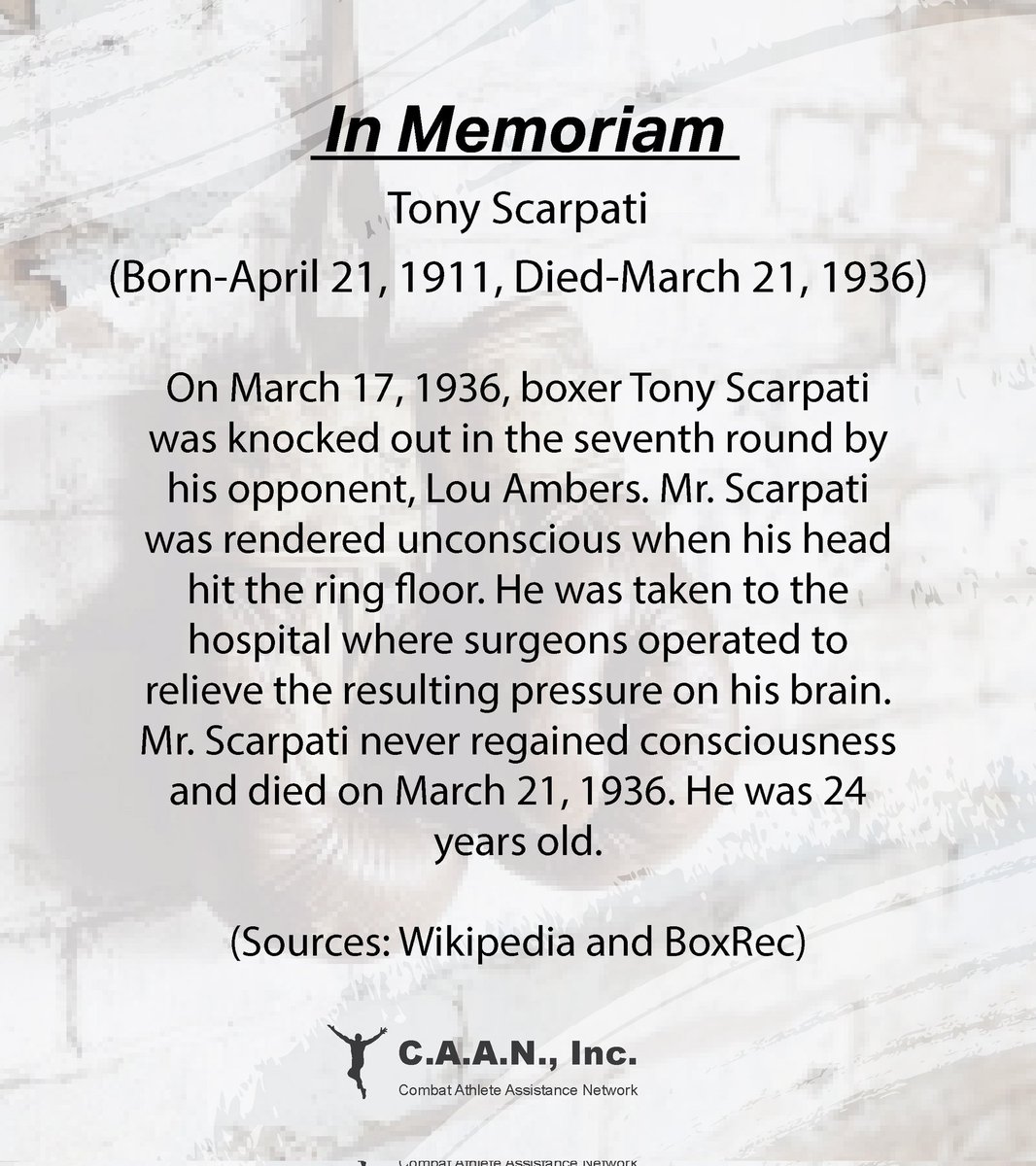 CAAN_Inc's tweet photo. In Memoriam 🙏🕊 Tony Scarpati
(Advisory Warning, Graphic Description)

🌐 Visit https://t.co/gU0qV0PD3M to learn more about us and/ or to make a tax-deductible donation.

Thank you! Together We CAAN! 

#combatsports #boxing #financial #nonprofit #giving #fyp #mma https://t.co/xlEgAhKoR7