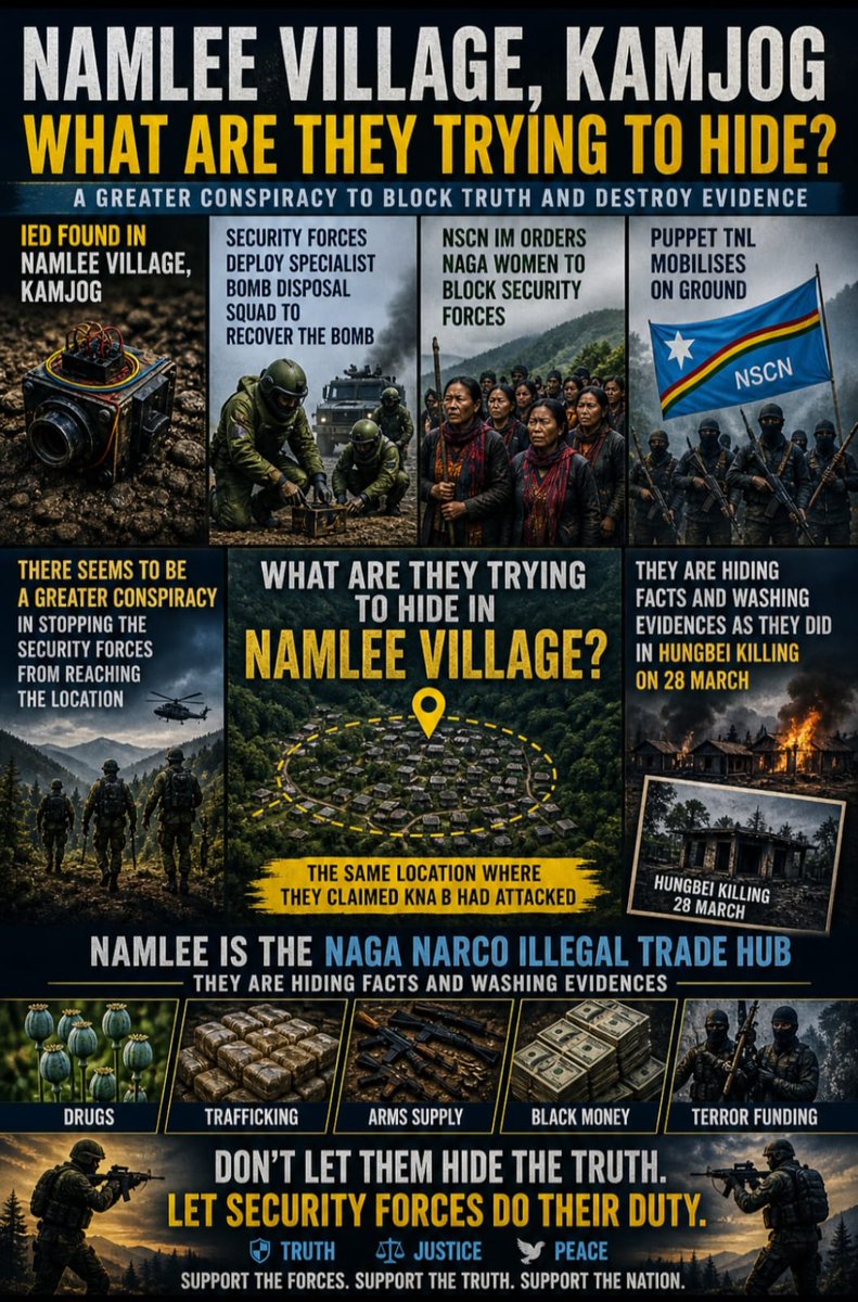 DynastyDoungel's tweet photo. SLOWLY BUT STEADILY THE REALITY  IS COMING  OUT: 

An IED was found in Namlee Village in Kamjong.
Security forces sent a specialist bomb disposal squad to recover the bomb.

The NSCN-IM ordered radicalized Tangkhul women to block security forces, and their puppet Tangkhul Naga Long mobilized on the ground.

What are they trying to hide in Namlee Village? That’s the biggest question that needs an answer.

This is the same location where they said KNA-B had attacked the other day.

There seems to be a greater conspiracy to stop security forces from reaching the location. 

Namlee is the Naga narco illegal trade hub and illegal arms smuggling destination — they are hiding facts and destroying evidence, as they did in the Hongbei killing on March 28, 2026.

@PMOIndia @HMOIndia @adgpi @official_dgar @Spearcorps @easterncomd @rashtrapatibhvn @PIBHomeAffairs @MIB_India @SpokespersonMoD @the_hindu @DefenceMinIndia @republic
@KreatelyMedia @FrontalForce