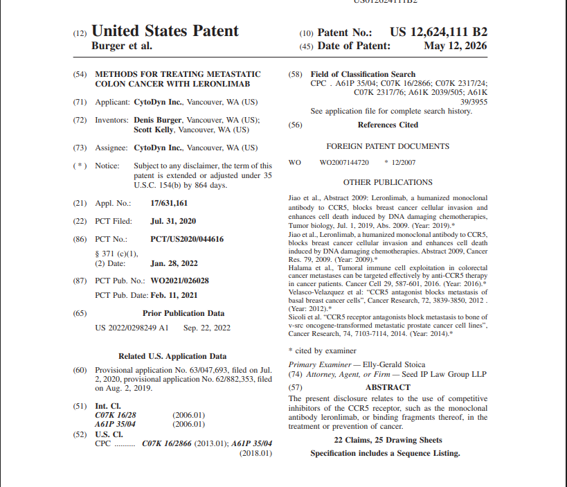 egold54's tweet photo. $CYDY

May 12th 2026 Cytodyn receives a patent for methods for treating metastatic colon cancer with #CCR5 blocking #Leronliamb.   

More information at https://t.co/jwybCARq5p

#Coloncancer
#Breastcancer
#HIV
#Alzheimer https://t.co/Chub07i3zg