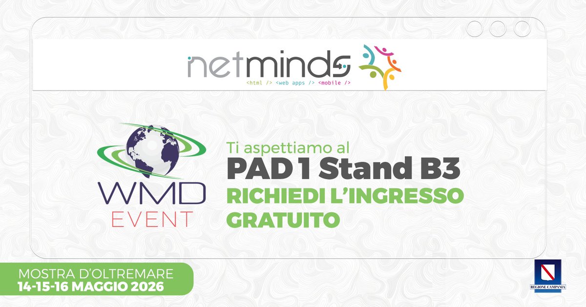 NetMinds_Ita's tweet photo. Vuoi venire con noi alla fiera industriale del Sud d’Italia?🫴
Richiedi l’ingresso gratuito!😏👇
https://t.co/jKaYxwUFRy
Mostra d’Oltremare, 14-16 Maggio!📌
Non mancare!😉
#wmdevent2026 #WMD2026 #industria40 https://t.co/lUUWj0X8SH
