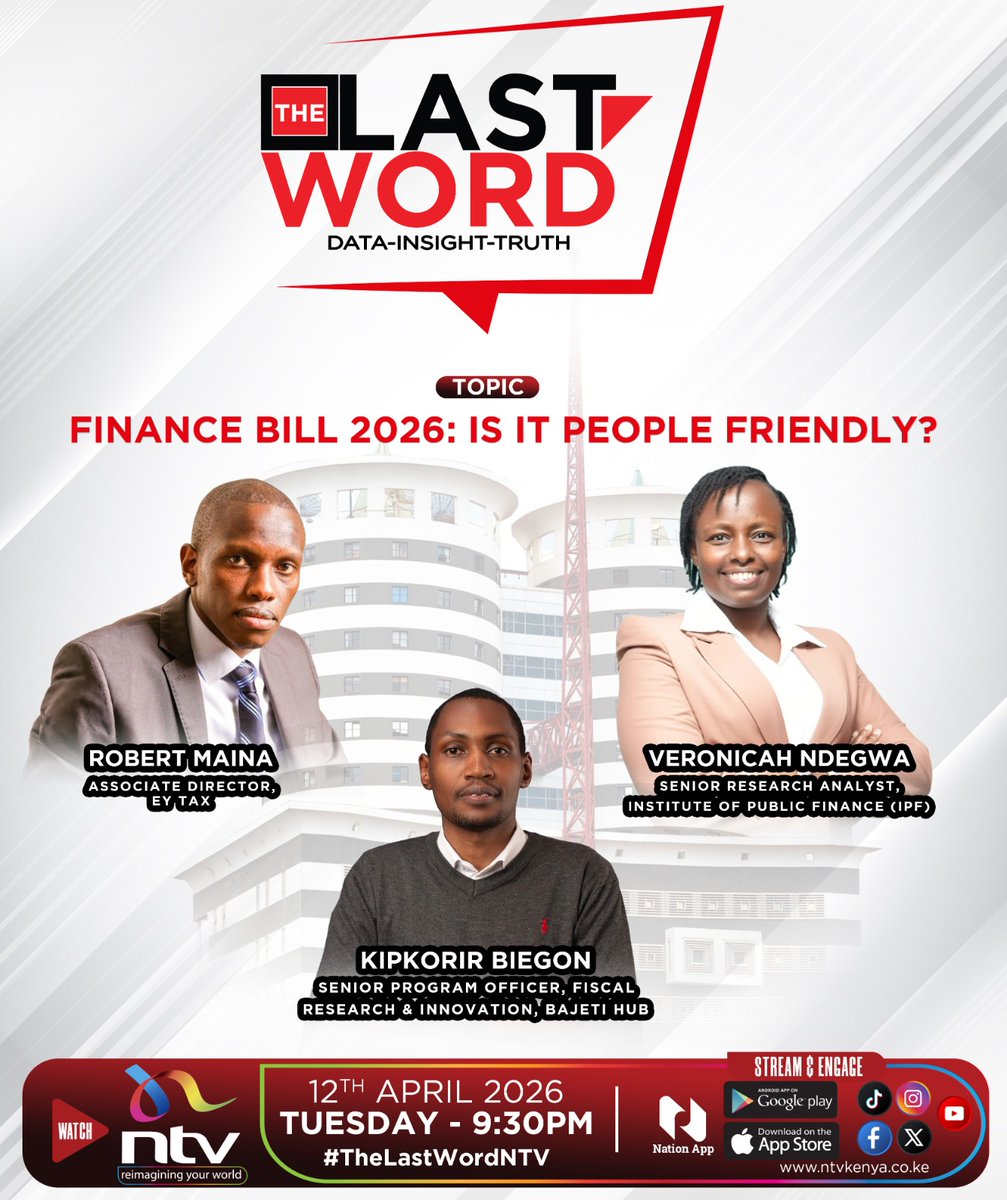 bajeti_hub's tweet photo. Finance Bill 2026: Is It People-Friendly?

Listen in as our Senior Programs Officer, Kipkorir Biegon, shares our insights and analysis of the finance bill.

📺 Nation Media Television (NTV) 
⏰ 9:30 pm
📅 12th, May, 2026

#financebill2026 #BudgetEstimate2026 https://t.co/5NlbZELEd8