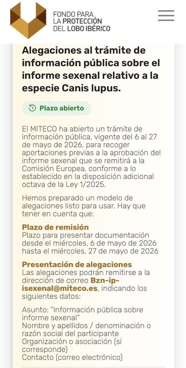 Ya disponible en la web de <a href="/FondoLobo/">Fondo para la Protección del Lobo Ibérico</a> modelo de alegaciones para descargar y simplemente rellenar con vuestros datos y mandar 📩 al Ministerio de Transición Ecológica en el proceso de participación para el informe del estado de conservación del lobo.

fondolobo.org/modelos-de-ale…