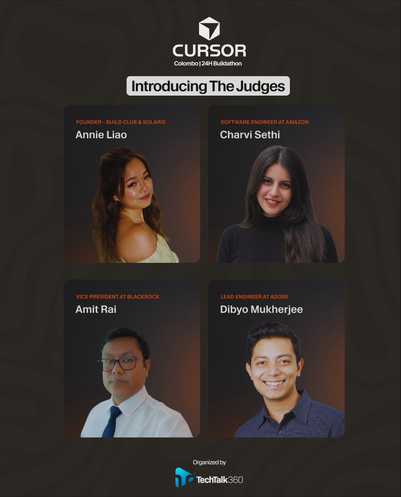 rasaljaya's tweet photo. A few of our judges for @cursor_ai Buildathon in Colombo!
@charvispeaks
@AnnieLiao_2000
More judges: https://t.co/MQ0k0Rnn5w
#CursorBuildathonColombo #BuildathonColombo #CursorSriLanka #BuildWithCursor #TechTalk360 https://t.co/NOEFsIifUq
