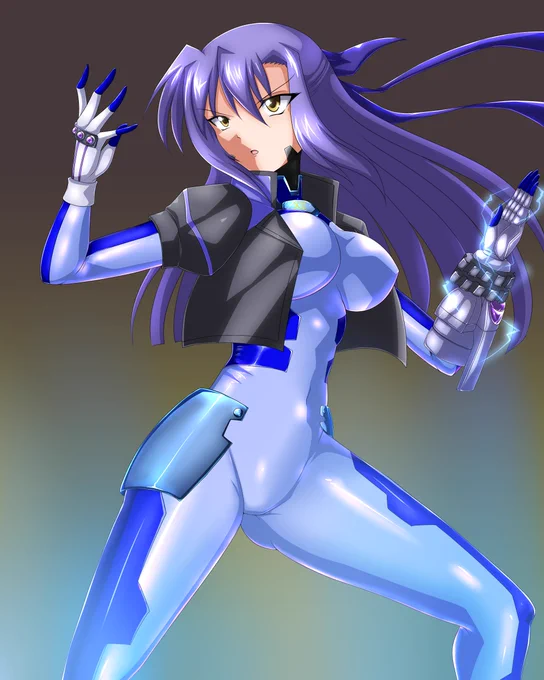ぴっちりスーツの塗り練習も兼ねてクイントに続いてナンバーズギン姉描いたよ なんでかスカサハの宝具カットインのポーズをとらせたくなったのでよくわからん構えしています