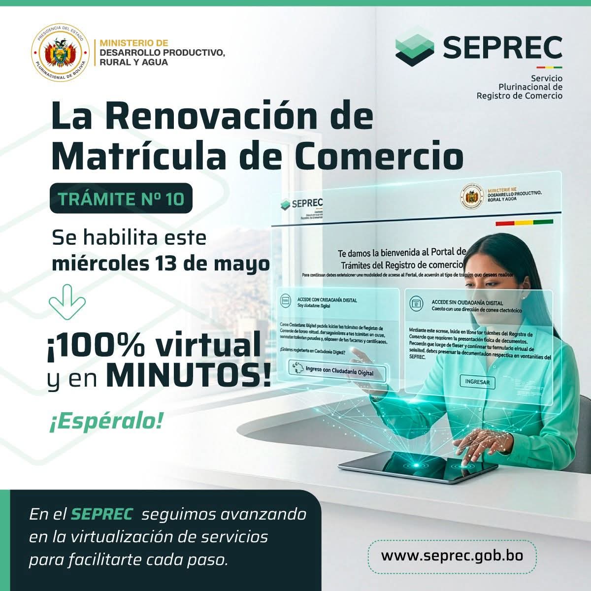 SEPRECBolivia's tweet photo. 🚨 ¡Muy pronto, la Renovación de Matrícula de Comercio será 100% virtual! 💻⚡
Desde este 13 de mayo podrás realizar tu trámite en minutos, sin filas y desde donde estés. 📱🧑🏻‍💻
#SEPREC #CreciendoContigo #TransformaciónDigital #Bolivia https://t.co/97ooryguh7