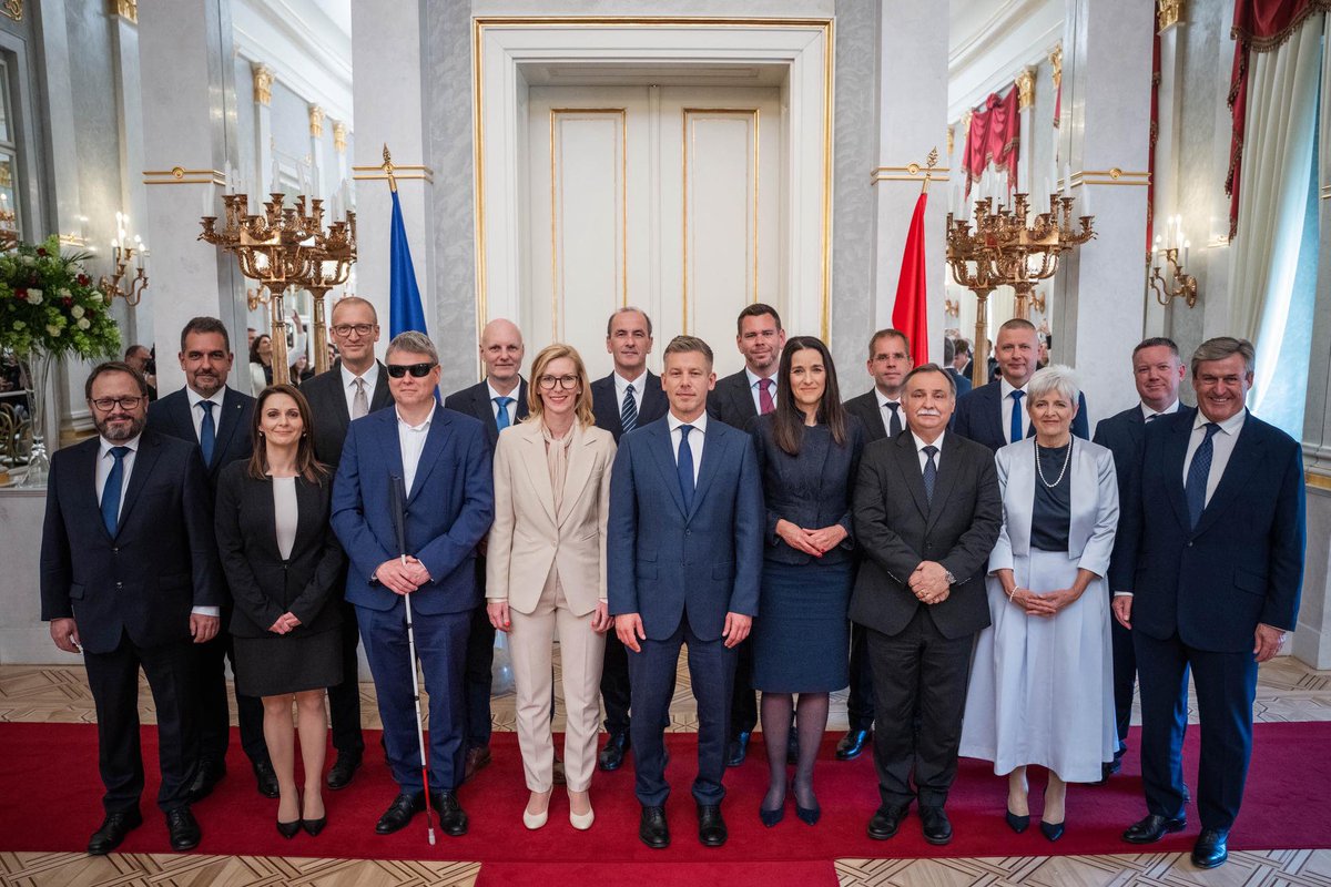 panyiszabolcs's tweet photo. 💥Hungary’s new PM Péter Magyar inaugurated his 16-member government today. First time since 2010: education and health each have their own ministry.​​​​​​​​​​​​​​​​ For the first time in history: a blind minister, Vilmos Kátai-Németh. He’s in charge of social and family affairs. https://t.co/K9jNlqB7aT