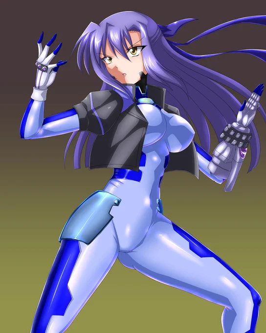 ぴっちりスーツの塗り練習も兼ねてクイントに続いてナンバーズギン姉描いたよ なんでかスカサハの宝具カットインのポーズをとらせたくなったのでよくわからん構えしています