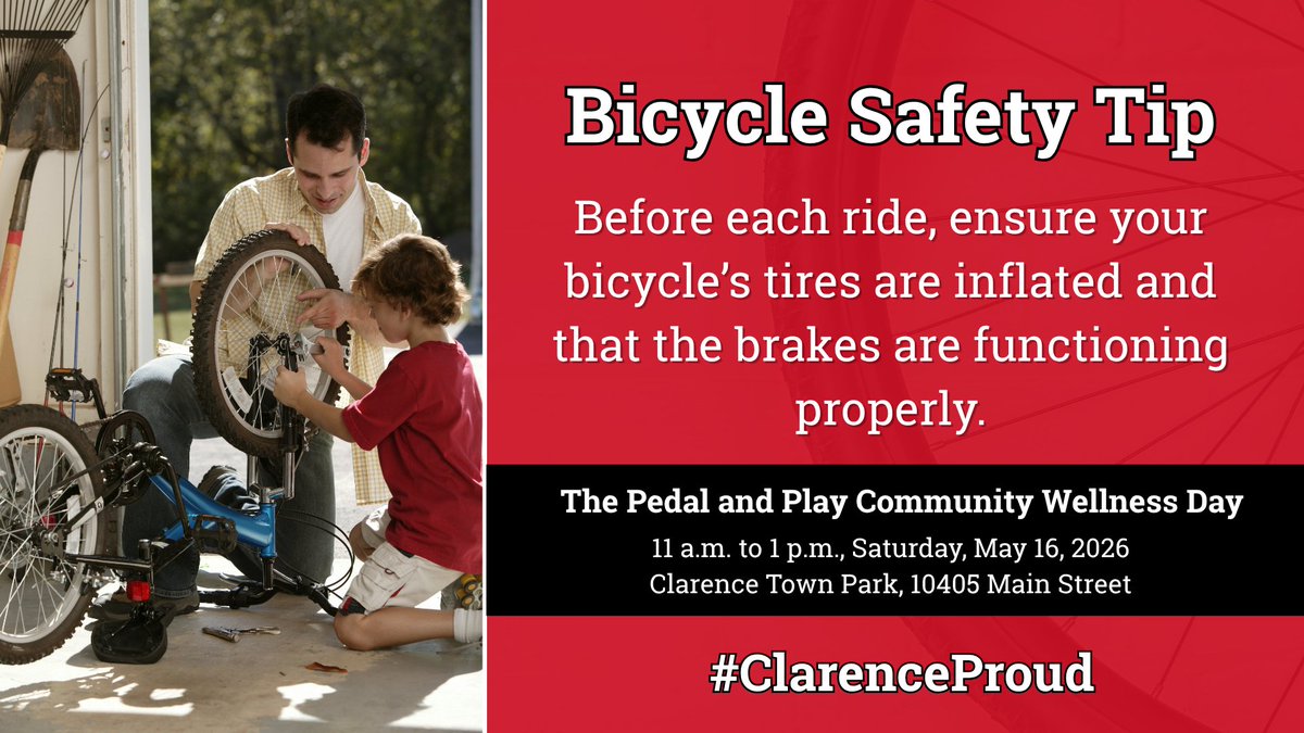 ClarenceCsd's tweet photo. Ahead of the @Clarence_FSC's Pedal and Play Community Wellness Day from 11 a.m. to 1 p.m. on Saturday, May 16, at Clarence Town Park, 10405 Main St., we’re sharing bicycle safety tips with the community!  Pre-register for the free event: https://t.co/ImSxGRQYXO  #ClarenceProud https://t.co/pmtNFGxuTM