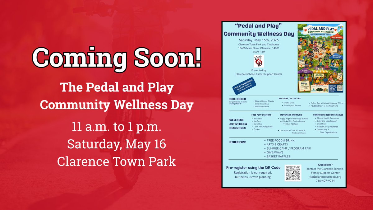 ClarenceCsd's tweet photo. Ahead of the @Clarence_FSC's Pedal and Play Community Wellness Day from 11 a.m. to 1 p.m. on Saturday, May 16, at Clarence Town Park, 10405 Main St., we’re sharing bicycle safety tips with the community!  Pre-register for the free event: https://t.co/ImSxGRQYXO  #ClarenceProud https://t.co/pmtNFGxuTM