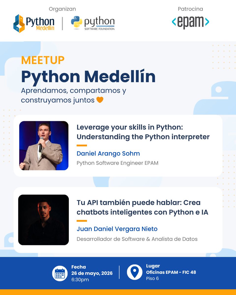 python_medellin's tweet photo. ¡Regresamos con una edición de alto nivel técnico! Este mes nos sumergiremos en las entrañas de Python y exploraremos el potencial de la IA aplicada a servicios reales.
📍 Con el fin de agilizar tu ingreso al edificio,  debes registrarte en este form: https://t.co/Qt5jWJCeDR https://t.co/7qEDcD3DBn