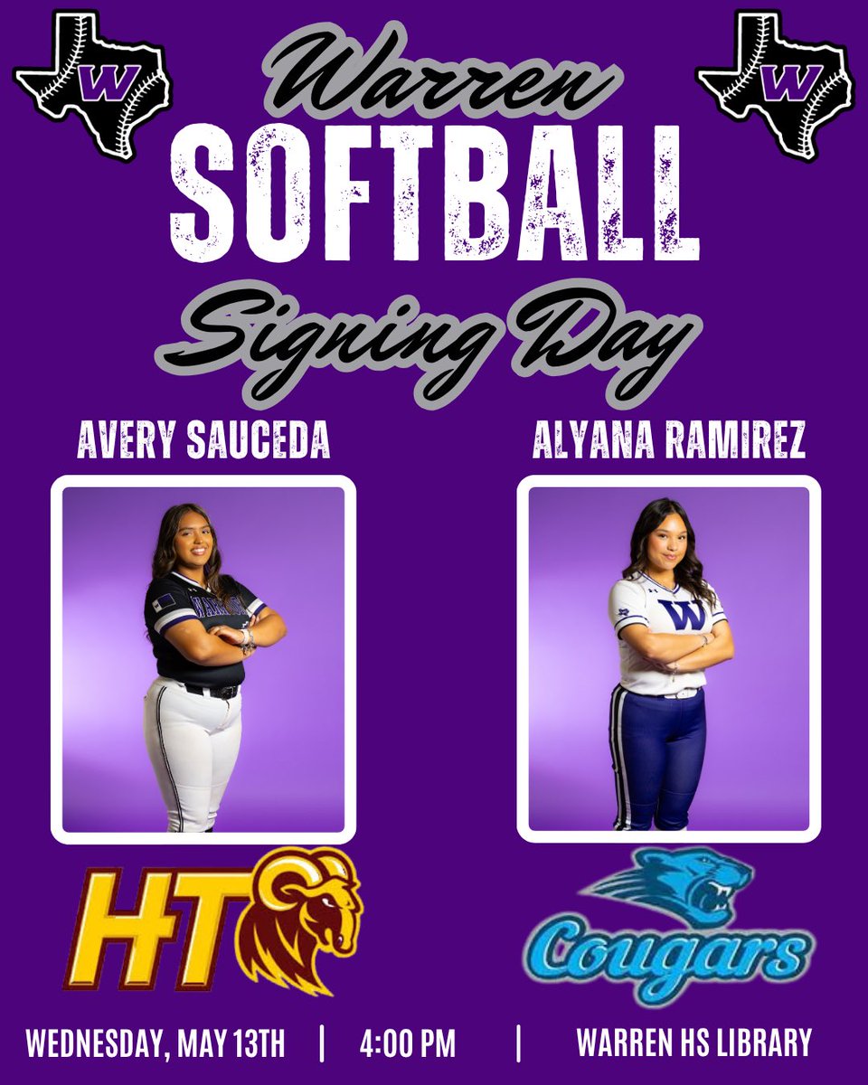 Warren_Softball's tweet photo. Join us tomorrow as we celebrate two of our seniors, Avery and Alyana, signing to continue their softball careers! 💜 https://t.co/PLcyH4aoRv