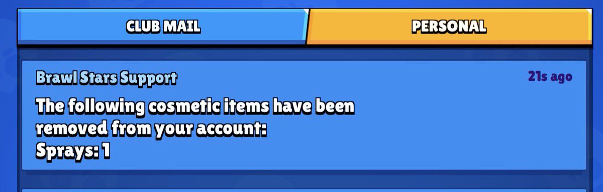 LuxariStars's tweet photo. @BrawlStars It’s the second message I get for a removed thing, is there any reason why? It’s not like I care for a random spray I never use but I’m still wondering why random stuff is removed from my account https://t.co/ADmTSiyEk3