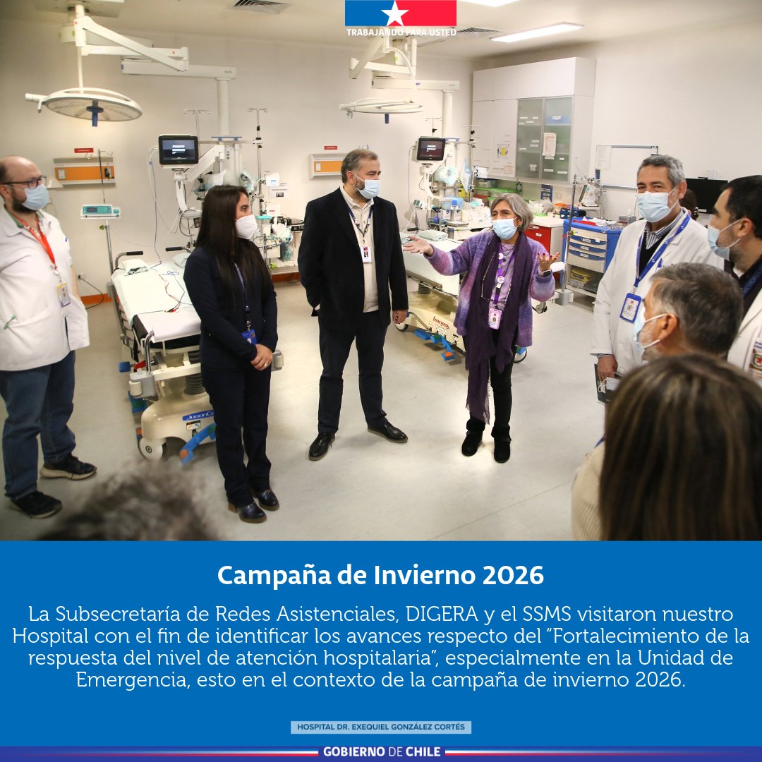 HospitalEGC's tweet photo. La Subsecretaría de Redes Asistenciales, DIGERA y el SSMS visitaron nuestro Hospital con el fin de identificar los avances respecto del “Fortalecimiento de la respuesta del nivel de atención hospitalaria”, esto en el contexto de la campaña de invierno 2026. https://t.co/hf89jaV0se