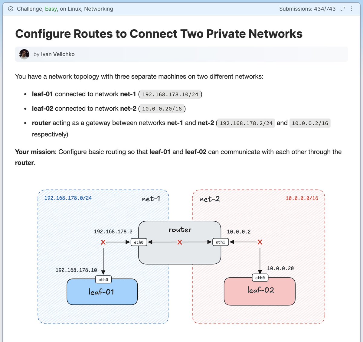 iximiuz's tweet photo. Networking 101: IP and Routing 🛠️

Prepared a hands-on exercise to practice configuring connectivity between two subnets with a shared router node.

Can you solve this problem? https://t.co/k2seN25Ewe https://t.co/gy6RhgK298
