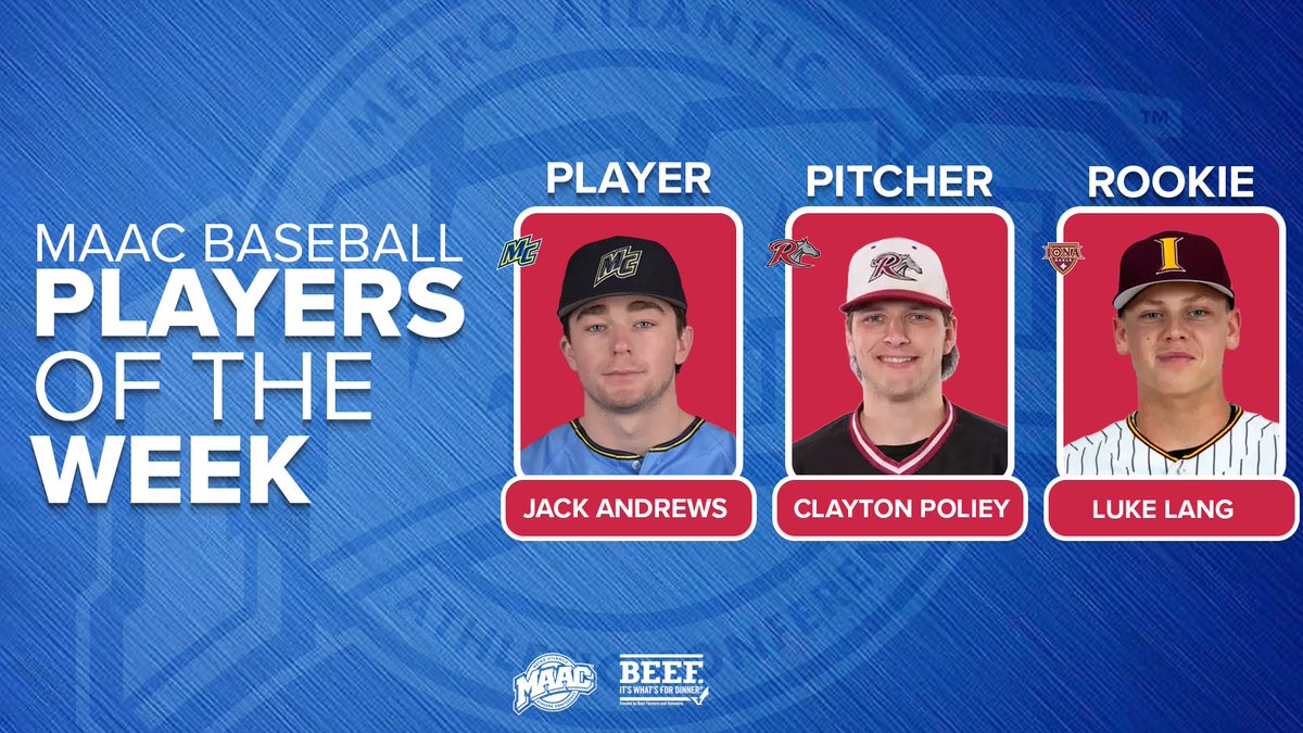 MetroConfSports's tweet photo. Andrews @MerrimackBSB, Poliey @RiderUBaseball, and Lang @IonaBaseball Announced as @NortheastBeef MAAC Baseball Weekly Award Winners

📰 https://t.co/wFmYWS88Xy

#MAACBB https://t.co/nPg6IsEAZh