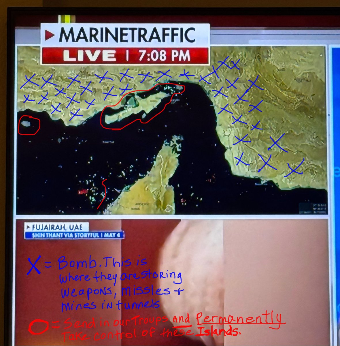 MichaelaGold1's tweet photo. ‼️President Trump: You are being laughed at by terrorist IRANIANS & by many frustrated Americans. 
‼️You MUST TAKE ACTION against IRAN NOW‼️& NO LATER than when you return to the States. 
- ⭐️ I am NOT Joking‼️
IF YOU DONT TAKE OUT THE REGIONS MARKED WITH X’s 
& TAKE CONTROL OF THE CIRCLED AREAS, YOU WILL LOSE YOUR ATTACK & your War on IRAN‼️ 
- 🙏🏼 ATTACHED is my MAP of the Straight showing you what YOU need to get done, in order to WIN this war against the Iranian TERRORISTS. Bolapty.
@POTUS @RapidResponse47 @SecRubio @VP @WhiteHouse @SecWar @DeptofWar @SecMullinDHS @CENTCOM @SecScottBessent @speakerwarroom @SpeakerJohnson @USArmy @USNavy @USAFReserve @usairforce @marforres @MCB_Quantico @realDonaldTrump @USMC 
PS…. I have been right about everything needed, so far. 
(not that you take my advice ).
