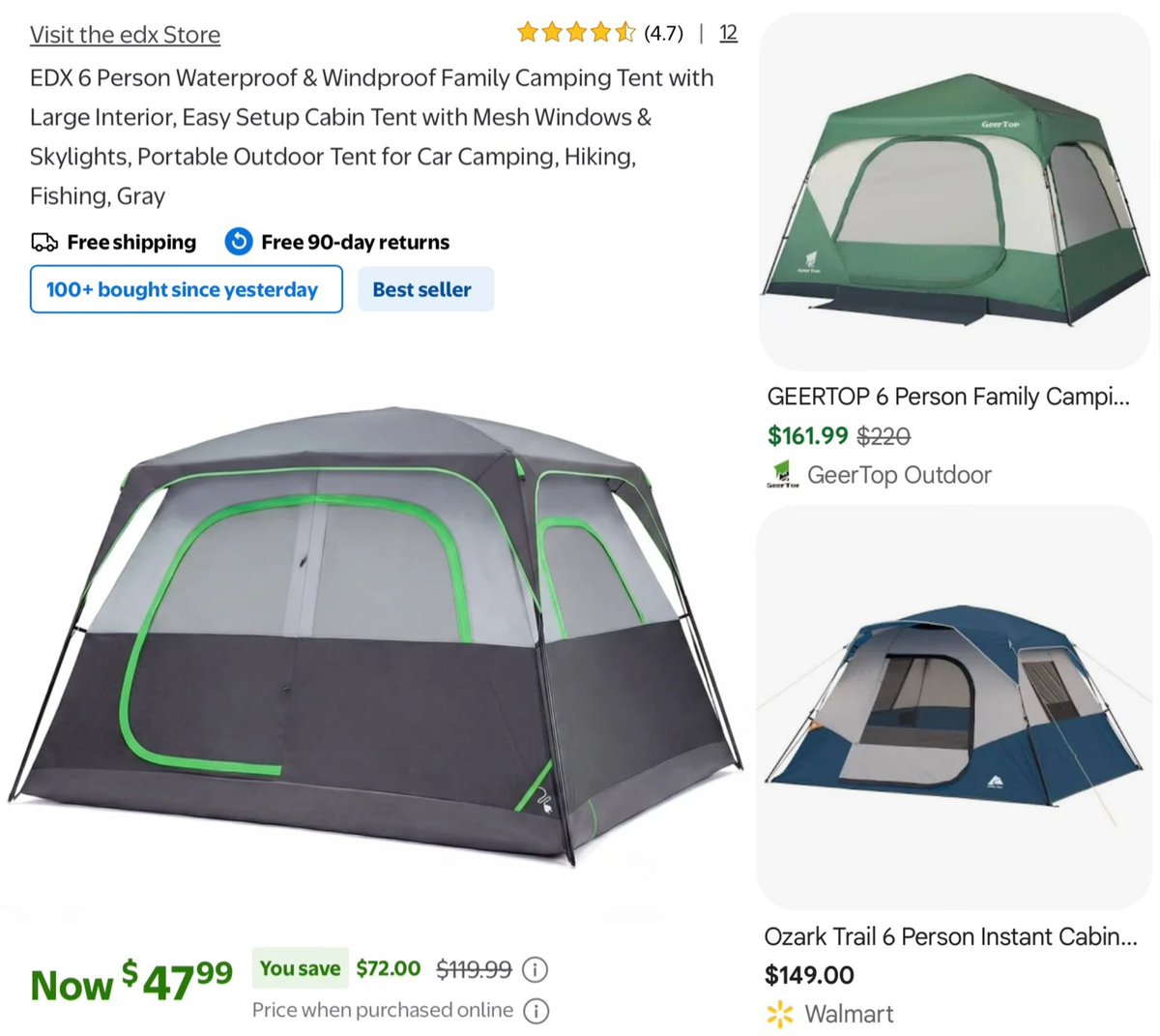 GlitchedDeals's tweet photo. 6-PERSON CAMPING TENT FOR $47

Price dropped from $120 on this portable waterproof tent at Walmart 

Similar styles go for around $150+ online

Free shipping included, free 90-day returns available if unsatisfied

https://t.co/rWvyWZ654y #ad https://t.co/8dXuOsiUfB
