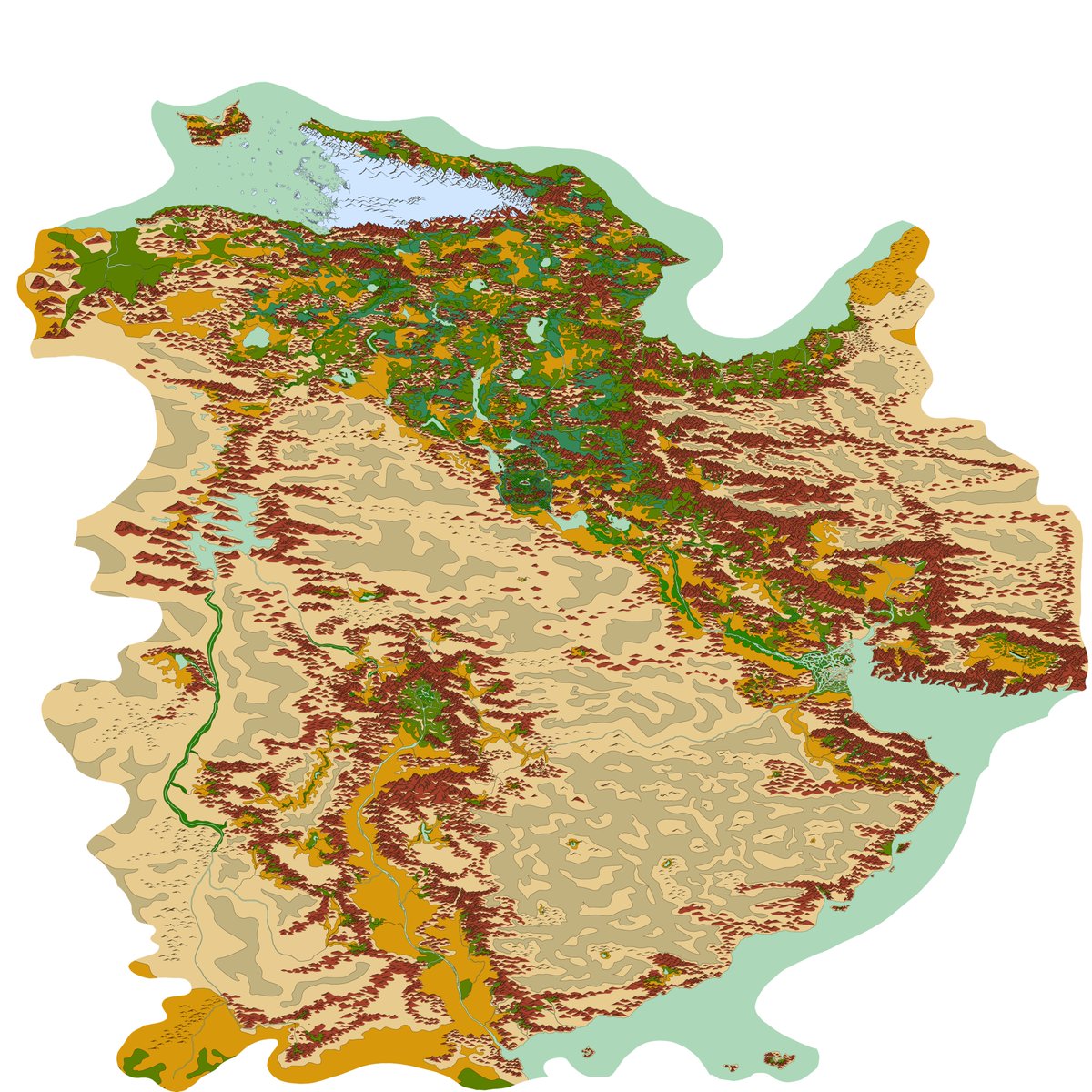 OrangatangBanjo's tweet photo. Project Jumpstart update: the land is now partially declassified. Tremendous colors, very strong rivers, oceans behaving nicely. We went to the future and got the map. Cartographers may file complaints. =Dr.Trump #Worldbuilding #MapMaking #FantasyMaps   #AltHistory #Cartography https://t.co/XisTuOTjFj