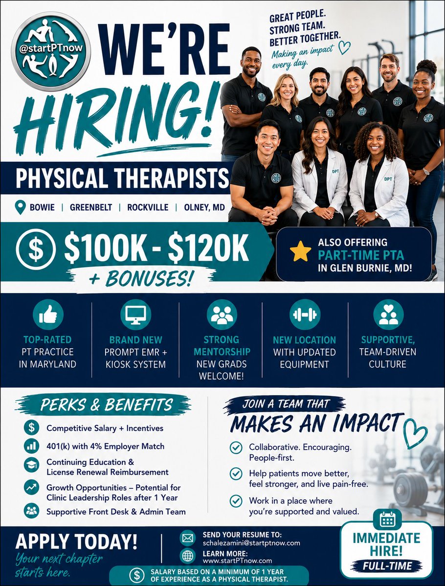startptnow's tweet photo. 🚨 We’re Hiring Physical Therapists in Maryland! 🚨

Join one of Maryland’s top-rated PT teams 💪
✅ $100K–$120K + bonuses

📍 Bowie | Greenbelt | Rockville | Olney

📩 Apply today: schalezamini@startptnow.com

🌐 https://t.co/EB5bhuVmyZ

#PhysicalTherapyJobs #MarylandJobs #PTJob https://t.co/9iWpVHWiHN