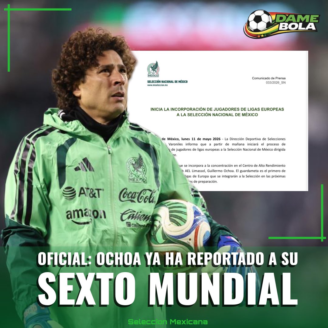DameBolaTrece's tweet photo. ¡OCHO HA REPORTADO A SU SEXTO MUNDIAL! 😎🇲🇽

La FMF ha hecho oficial que el primer convocado de la legión europea que ya ha reportado con la selección, es Guillermo Ochoa. 🧤😟

Vía: @Emilianok__ https://t.co/QTyWmra8Um