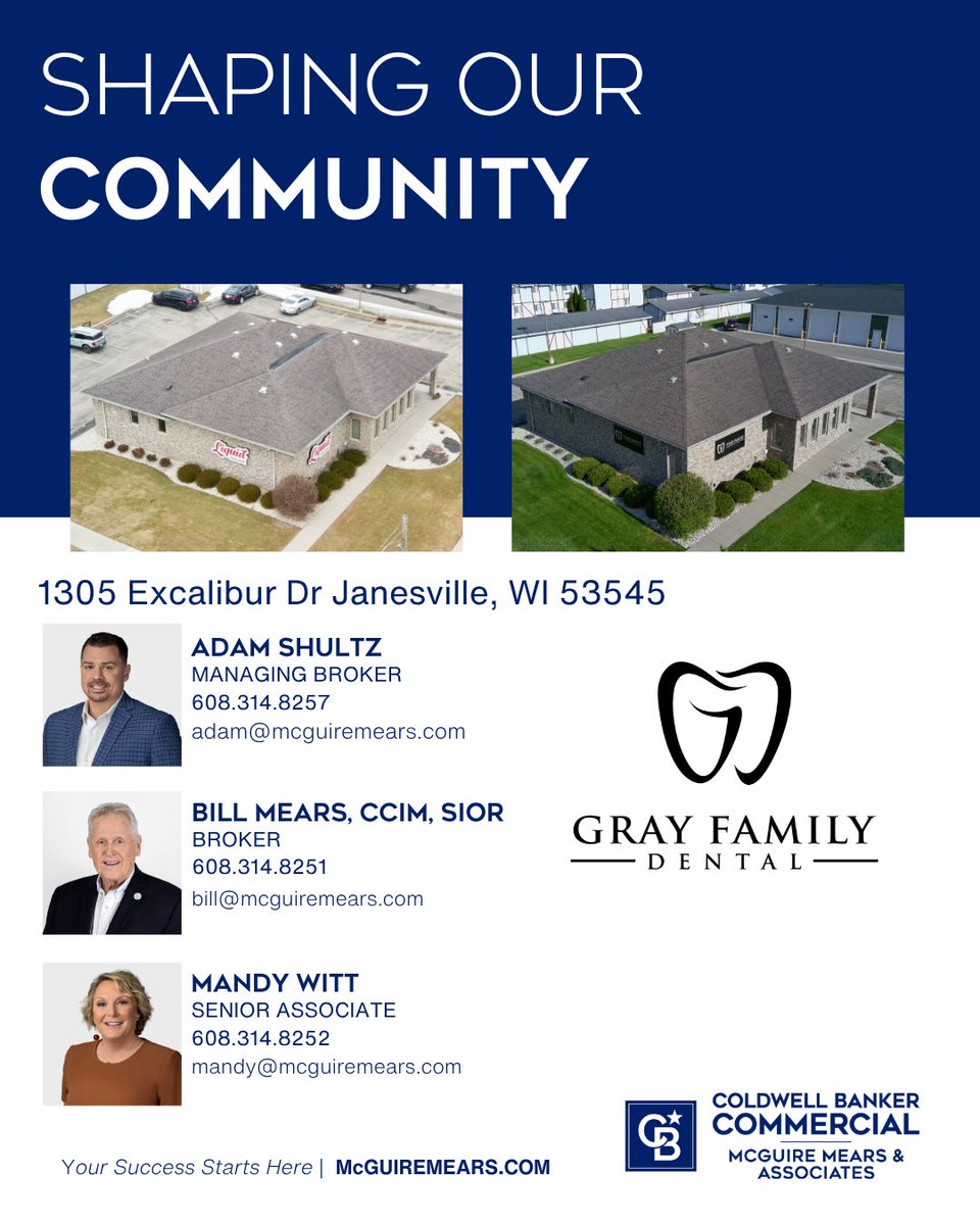 CBCmma's tweet photo. Adam Shultz &amp; Bill Mears represented the seller Mandy Witt brought the buyer facilitating a smooth transition for Gray Family Dental Seeing a local healthcare provider move into this high-quality space is exactly what shaping our community is all about 
#mcguiremearsassociates https://t.co/GvK47TNtO7
