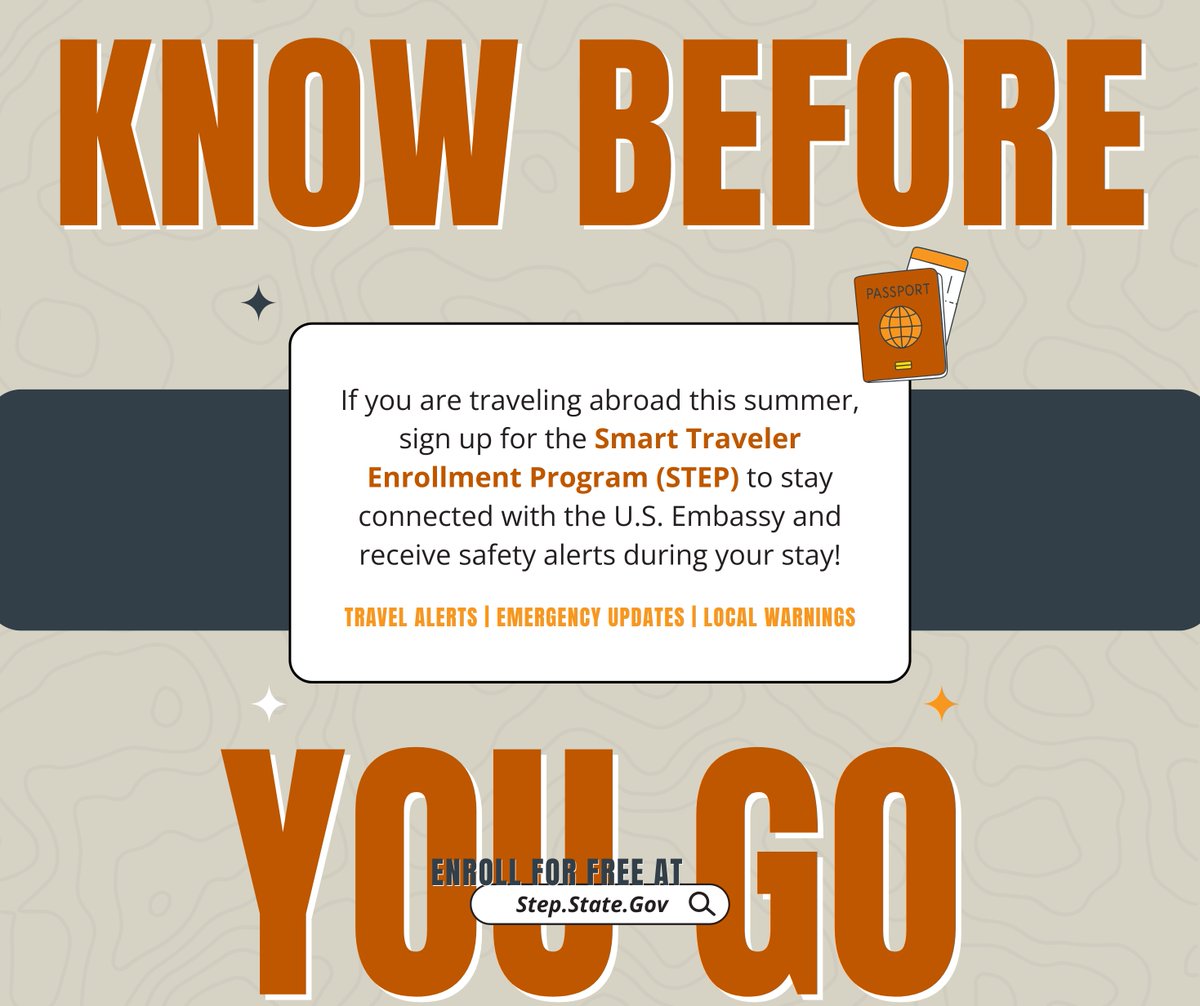 UTAustinOEM's tweet photo. Stay informed while traveling this summer 📲

Enroll in STEP for free travel alerts, real-time updates, and important information from the U.S. Department of State. Participation is optional — just a simple way to stay connected while abroad.

Sign up: https://t.co/U9u8ERGCQS https://t.co/K0vumjxnFe