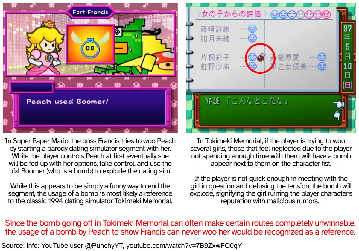 MarioBrothBlog's tweet photo. In Super Paper Mario, Peach ends a dating simulator segment by blowing it up with a bomb. This is most likely a reference to classic 1994 dating simulator Tokimeki Memorial, where girls neglected by the player character will destroy his reputation, represented by cartoon bombs. https://t.co/M7uopzRtmO
