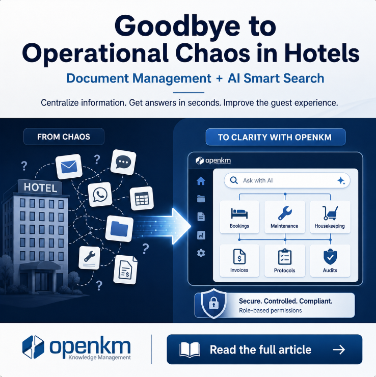 openkm's tweet photo. 🏨 Hotel documents scattered across 📩, 📉, 📞and 📁slow down operations
#OpenKM helps hotels #centralizeinformation, use #AI-powered #SmartSearch and improve traceability across services https://t.co/OTX25AWMOu https://t.co/L2cnz2S3nK