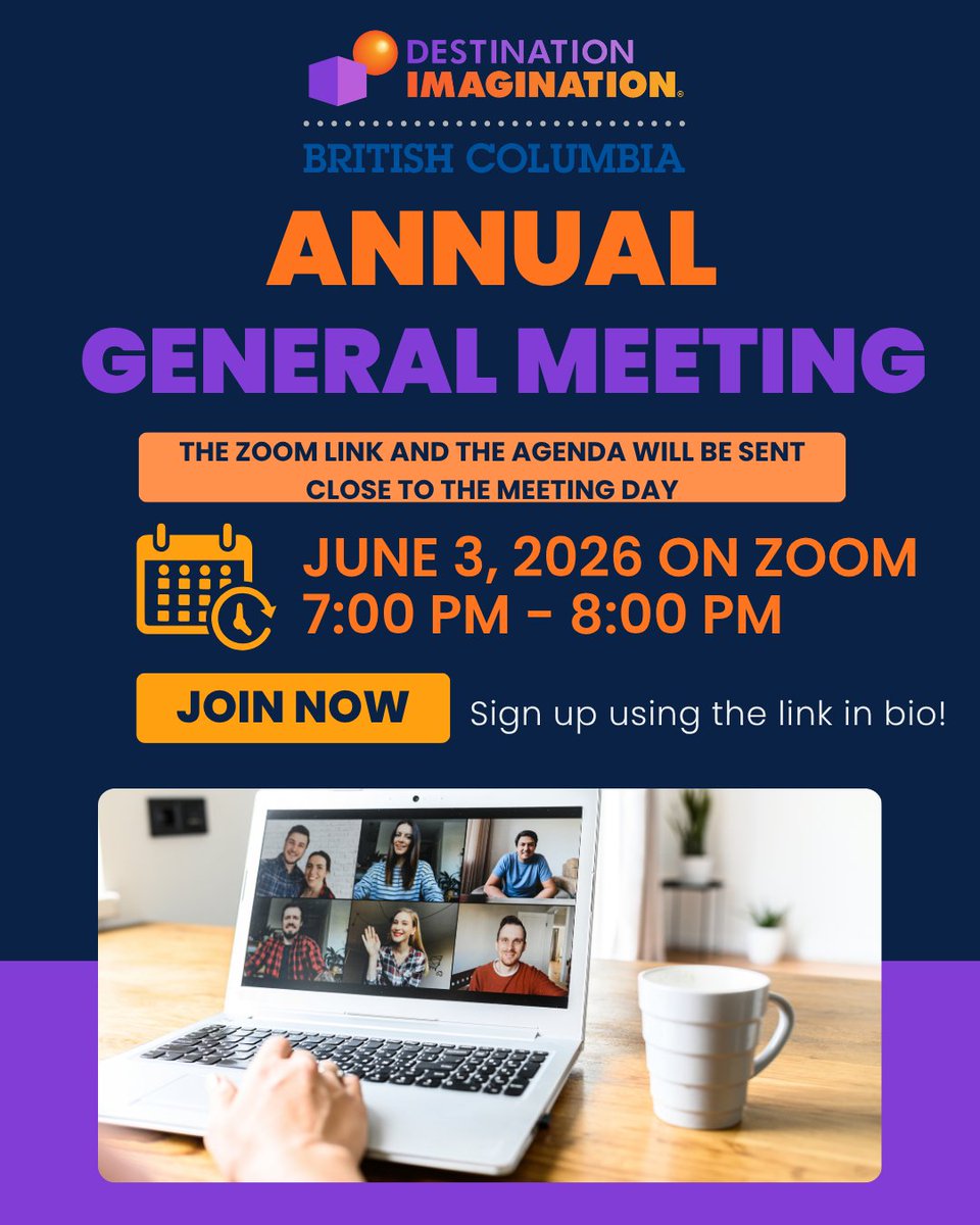 BC_DI's tweet photo. 📣 Join Us for the Destination Imagination BC Annual General Meeting!

We invite our community members, volunteers, coaches, parents, and supporters to attend the DIBC AGM. Stay informed, hear updates from the past year, and learn what’s ahead for Destination Imagination BC!

📅 Wednesday, June 3, 2026
🕖 7:00 PM – 8:00 PM
💻 Online via Zoom
Please confirm your attendance by filling out the form below:
👉 https://t.co/v18iPtehOy
🔗 Link also available in our bio.

The Zoom link and meeting agenda will be shared closer to the meeting date.
We hope to see you there! 🌟
#DestinationImagination #DIBC #AGM #DestinationImaginationBC